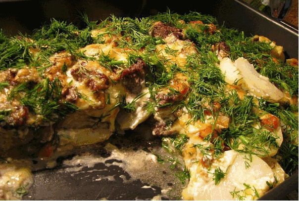 Картошка с мясом под «шубой» из грибов